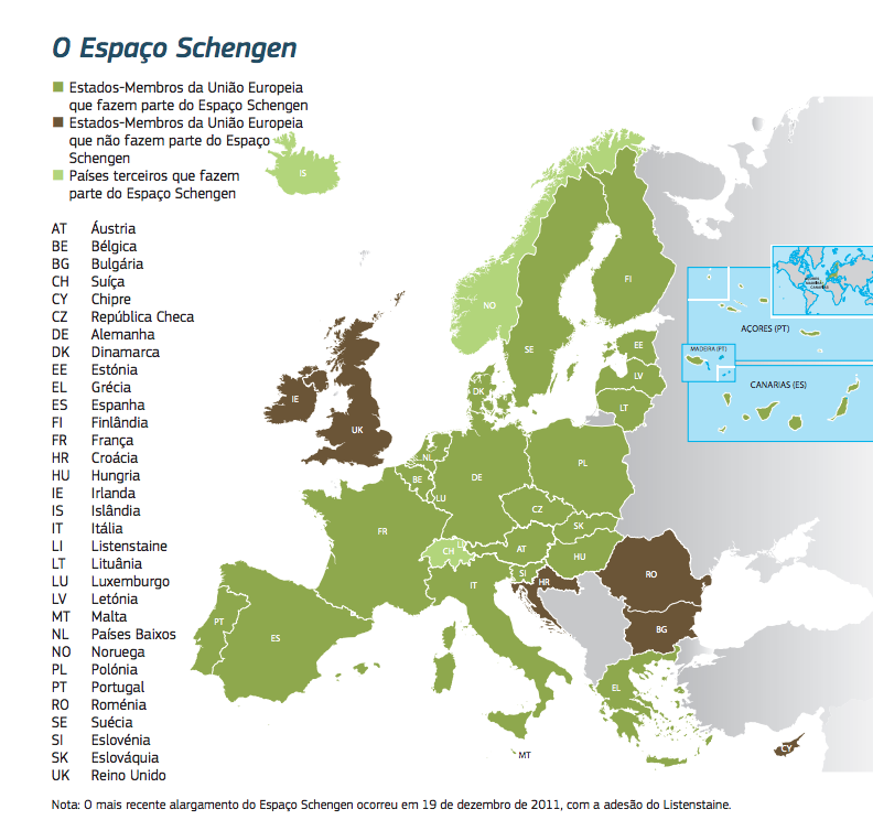 Mapa ilustrando os países pertencentes ao espaço Schengen.